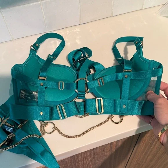 Honey Birdette KUKURO💚 Jade Green 2 Piece Set 32DD Harness Bra + Panty XS